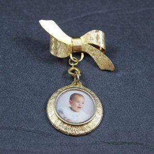 Bow Brooch Portrait Photo Dangle Gold Tone Vintage